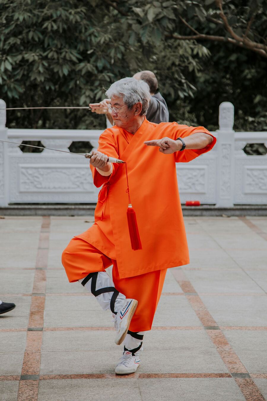 Senior practicing Qigong and Tai Chi movements outdoors for balance and wellness